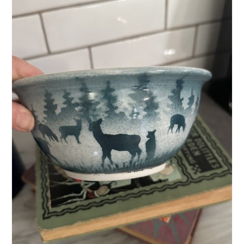 Artisan Studio Pottery Forest Deer Blue Bowl Country Core Western